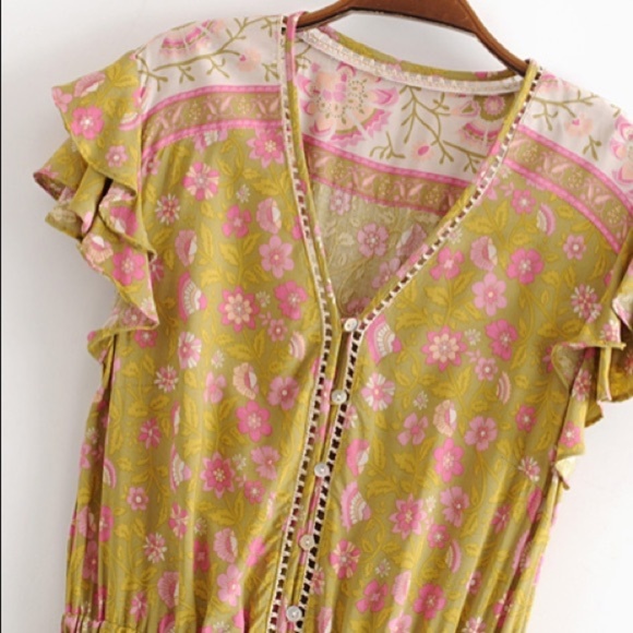 Green Floral Boho Retro Tiered Ruffle Mini Dress - Picture 9 of 12